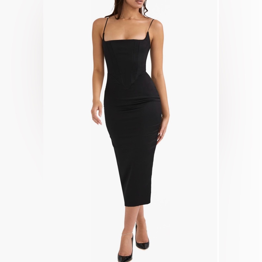 House of CB Anais Black Satin Corset Midi Dress